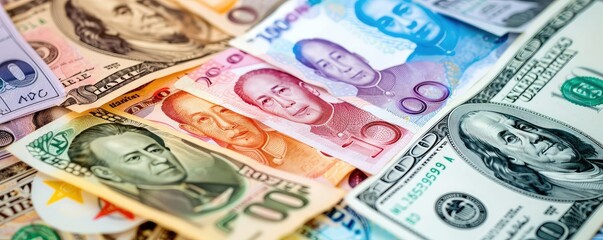 Various international banknotes close-up