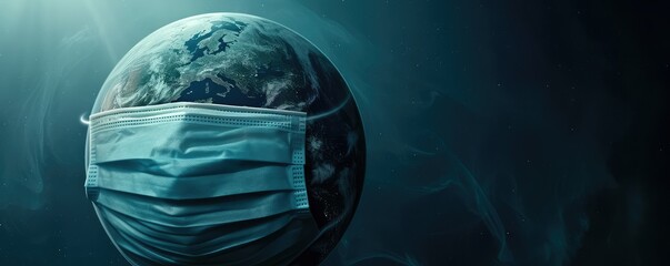 Man with mask looking at Earth globe - obrazy, fototapety, plakaty
