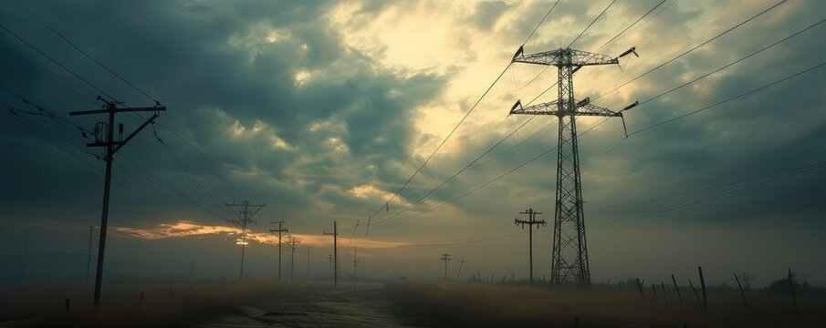Power lines in a dramatic sunset sky