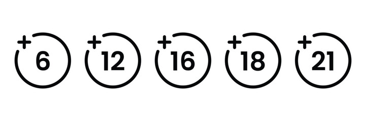 Age restriction Icons set. Sign for the restriction of the age content. Age limit from six to twenty one. Vector Illustration.