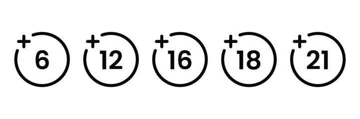 Age restriction Icons set. Sign for the restriction of the age content. Age limit from six to twenty one. Vector Illustration.