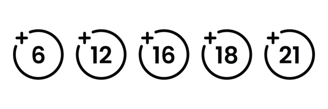 Age restriction Icons set. Sign for the restriction of the age content. Age limit from six to twenty one. Vector Illustration.