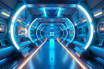 Futuristic Spaceship Interior: Exploring the Neon Blue Corridors of High-Tech Space Vessel