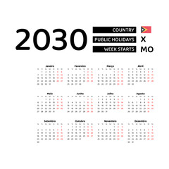 Calendar 2030 Portuguese language with East Timor public holidays. Week starts from Monday. Graphic design vector illustration.