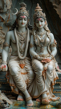 Shiva, Parvati and Ganesh - the holy family of Indian gods. Figurine Indian souvenir. Ai generated