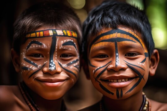 Two young boys with painted faces are smiling at the camera