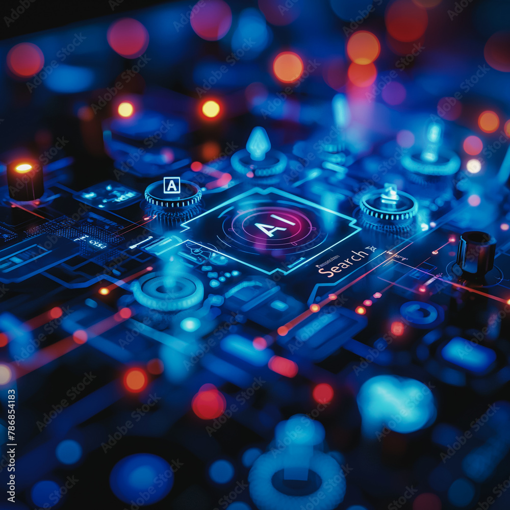 Poster a blue and red image of a computer chip with the letters ai on it
