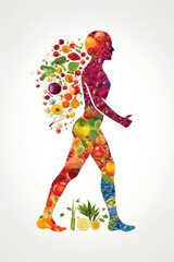 Illustration of diverse human figures with fruits and vegetables in the background