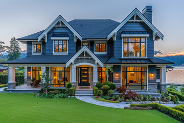  Beautiful home exterior at dusk with lush green grass, luxury house design with dark grey shingle roof and stone accents, large windows showcasing the interior lights on. Created with Ai