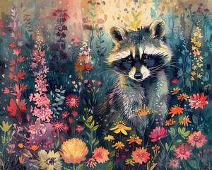 Artistic depiction of a raccoon in a fantasy flower garden, using watercolor to create a bright and enchanting atmosphere