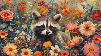 Delightful illustration of a raccoon exploring a colorful garden of flowers, rendered in vivid watercolor tones