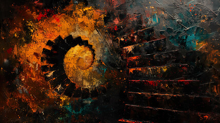 An abstract, textured portrayal of a fragmented spiral staircase, symbolizing the challenging journey of erectile dysfunction.  - obrazy, fototapety, plakaty