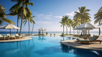 Fototapeta premium Luxurious swimming pool with umbrella and chair in luxury hotel resort - Vintage Light Filter