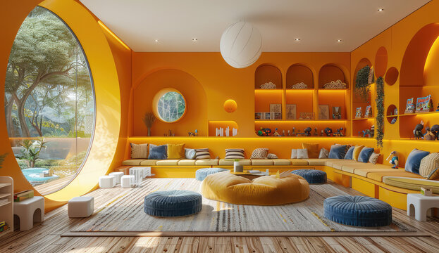  Villa children's playroom, with yellow walls and orange accents, round windows with blue cushions on the floor, shelves of books, wooden tables and seating areas. Created with Ai