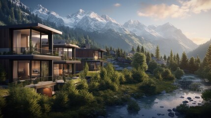 modern condominiums and mountains, beautiful, interior details