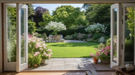 A beautiful garden and patio, view through bifold doors.