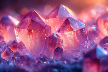 A closeup of glowing pink and purple crystals, each with its own unique pattern. Created with Ai