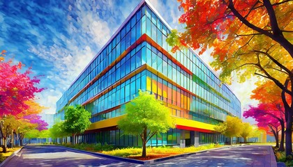 Wallpaper Sustainable glass office building with tree for reducing heat and carbon dioxide. Office building with green environment