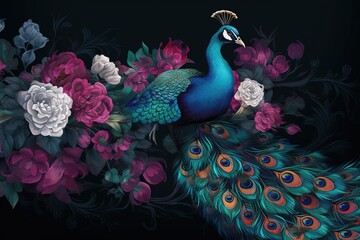 a colourful bird with blue eyes stands in a floral pattern.
