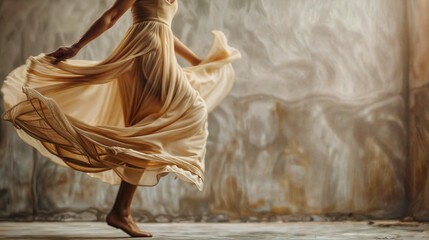 Dancer in the beige studio. Contemporary dance and choreography. Movement to music