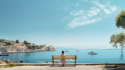 Fototapeta premium Behind a tourist sits on a bench with a beautiful view of the harbor and sea.