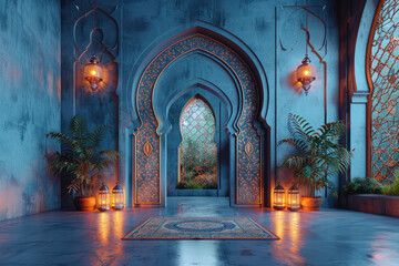An Arabian palace entrance with lanterns and arches, fantasy scene created in the style of Unreal Engine and Octane Render. Created with Ai - obrazy, fototapety, plakaty