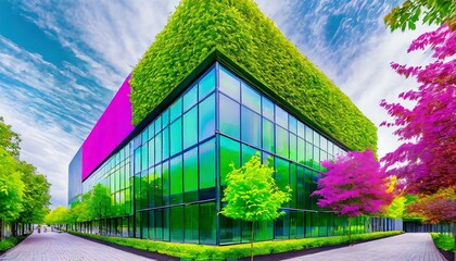 Wallpaper Sustainable glass office building with tree for reducing heat and carbon dioxide. Office building with green environment - obrazy, fototapety, plakaty