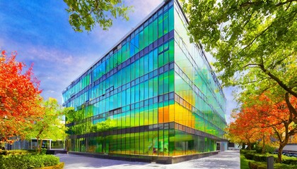 Wallpaper Sustainable glass office building with tree for reducing heat and carbon dioxide. Office building with green environment