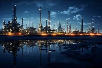 oil refinery field at night with blue sky and white clouds.