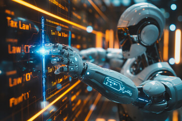 Obraz premium Futuristic robot arm interacting with a digital tax law interface