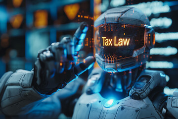 A robot with a blue face and orange letters that say Tax Law