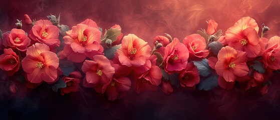 Fototapeta premium a many pink flowers on a red background with smoke