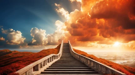 Deurstickers long staircase to orange dramatic clouds with sunlight rays fantasy background from Generative AI © SevenThreeSky