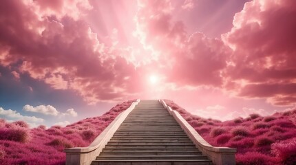 long staircase to pink dramatic clouds with sunlight rays fantasy background from Generative AI