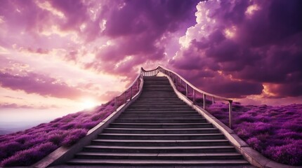long staircase to purple dramatic clouds with sunlight rays fantasy background from Generative AI