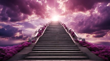 long staircase to purple dramatic clouds with sunlight rays fantasy background from Generative AI - obrazy, fototapety, plakaty