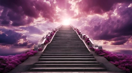 Rollo long staircase to purple dramatic clouds with sunlight rays fantasy background from Generative AI © SevenThreeSky