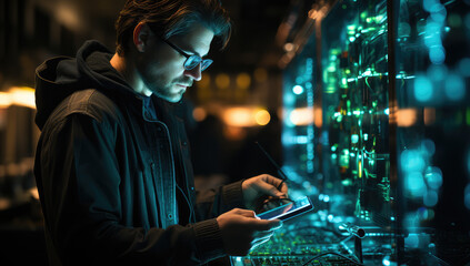 A photo of an IT worker working on his tablet in front of the computer, surrounded by glowing data streams and code symbols. He is wearing glasses with black frames. Created with Ai