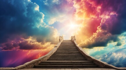 long staircase to rainbow dramatic clouds with sunlight rays fantasy background from Generative AI - obrazy, fototapety, plakaty