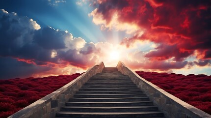 long staircase to red and blue dramatic clouds with sunlight rays fantasy background from Generative AI