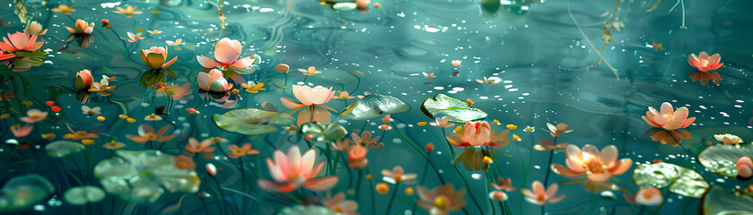Serene Reflections: Water Lilies Dance - obrazy, fototapety, plakaty