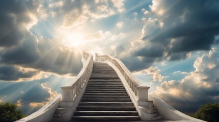 long staircase to white dramatic clouds with sunlight rays fantasy background from Generative AI