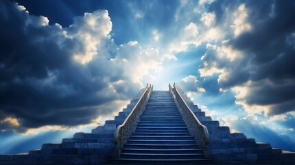 long staircase to royal blue dramatic clouds with sunlight rays fantasy background from Generative AI