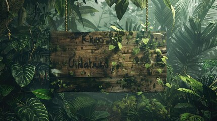 Animated rain forest background with tropical leaves, birds, and wood banner. Wooden sign board hanging on vines in the jungle.