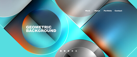 A geometric background featuring circles and squares in tints and shades of azure and aqua on an electric blue backdrop, resembling automotive tires and rims in an automotive wheel system