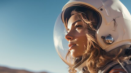 space education concept,Female astronaut looking away through space 