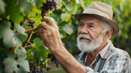 Senior man inspecting the growth of grapevines in a small vineyard