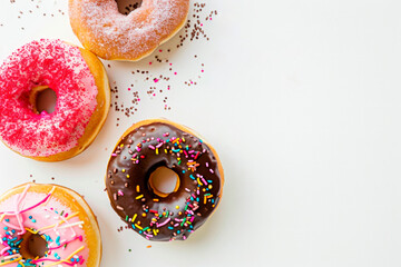 Donuts doughnuts with chocolate, marshmallow and sugar sprinkles on light background. Image for cafe menu, Banner