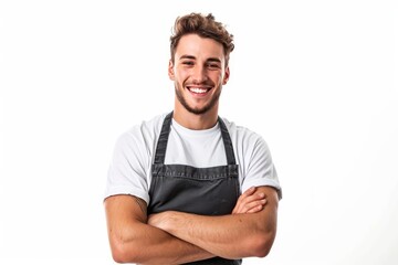 Confident smiling caucasian young man student bartender barista in apron with arms crossed looking at camera isolated in white background. Takeaway food . photo on white isolated background - Powered by Adobe