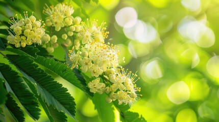 Rowan flowers in spring on a tree for traditional medicine natural floral backdrop high quality image